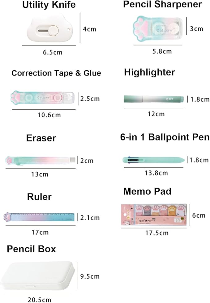 MOZXIRZ 9 Pcs Cute Green Stationery Set Cat Paw School Supplies Kawaii Office Supplies Including Pens Highlighter Pencil Sharpener Eraser Correction Tape Ruler Sticky Flag Tabs (Gradient Green)