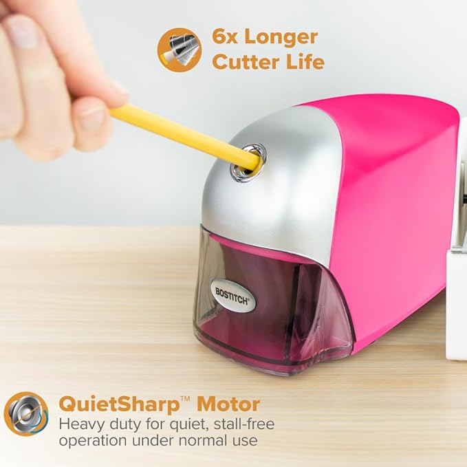 Bostitch Office QuietSharp Executive Heavy Duty Electric Pencil Sharpener for 65% Faster Sharpening and 6X Longer Cutter Life - Colored Pencil Compatible, Pink