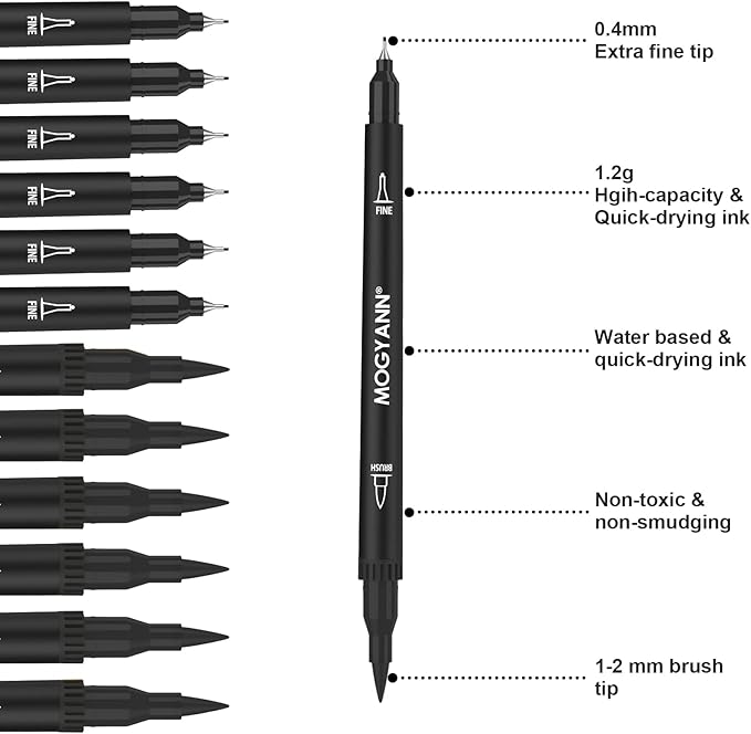 Drawing Pens, 12 Pack Dual Brush Pens Black Markers for Art Drawing Sketching