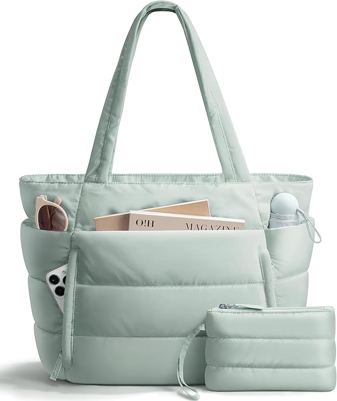 Bagstellar Puffer Tote Bag for Women, Lightweight Puffy Work Handbag Teacher Nurse Quilted Shoulder Bag for School Travel Gym | Cloud Bag w/ Zipper