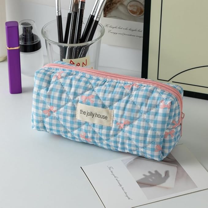 Carry bloom Pencil Pouch Cute Pencil Case for Girls Aesthetic Pencil Bag with Zipper Pen Cases School Supplies Makeup Bag (Checkered bow blue)