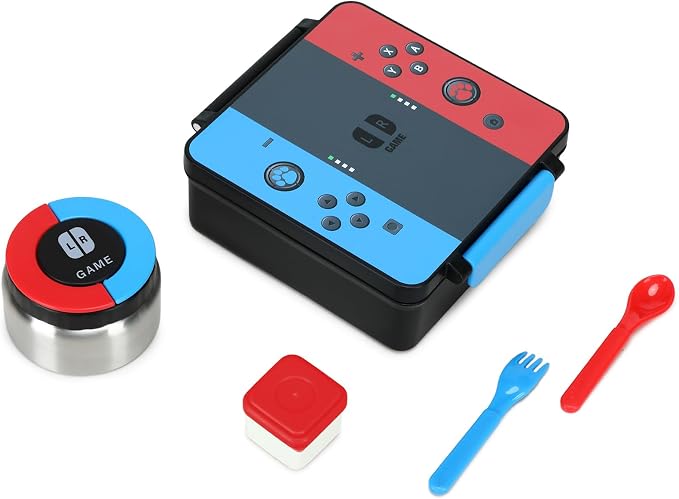 Gamer Bento Lunch Box for Kids, 60 OZ Kids Lunch Box with 8 OZ Leakproof Stainless Steel Insulated Food Jar, 3-4 Compartments Bento Box for School, Includes Sauce Cup & Divider (Blue-Red-A2)