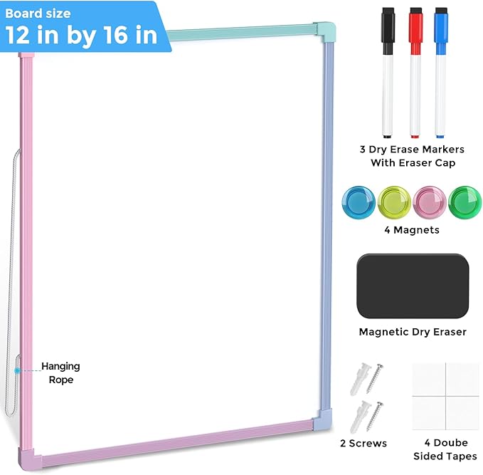 MaxGear Double-Sided Dry Erase Board for Wall, 16"x12" Hanging Whiteboard, Small Dry Erase White Board, Portable Whiteboard for Planning, Drawing, Memo, to Do List, Multi-Colorful Frame