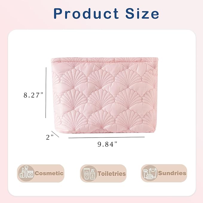 uekeboag Shells Quilted Cotton Makeup Bag,Travel Pouch(Pink) | Cotton Aesthetic Cosmetic Bag for Women,Shell Embroidery,Wedding Gifts, Bridal Gifts