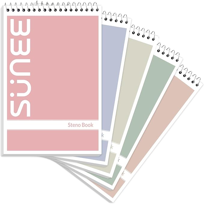 SUNEE Steno Pads 6x9 5 Pack, Gregg Rule, 60 Sheets, 5 Assorted Color Spiral Notebook 6x9, White Paper, Take Notes with Top Spiral Notebook, for School, University, College, Work, Office