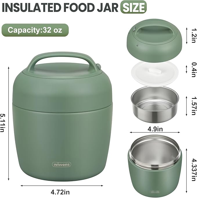 wiwens Thermo Food Jar for Hot Food Adults 32OZ Soup Thermo Lunch Containers Wide Mouth Vacuum Insulated Stainless Steel Leakproof Bento Box with Spoon