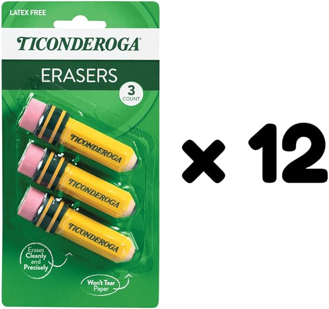 Ticonderoga Pencil Shaped Erasers (38953), 0.75" x 2.875", Yellow, 3/Pack, Class Set of 12 Packs, 36 Erasers Total
