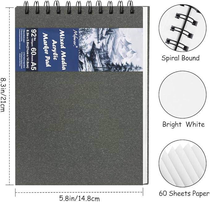 8.3x5.8 Sketch Book, Top Spiral Bound Sketch Pad, 60sheets 92lb/150gsm Bright White Paper, Acid-Free Mixed Media Paper for Painting, Dawing & Art Supplies. B-Darkgrey