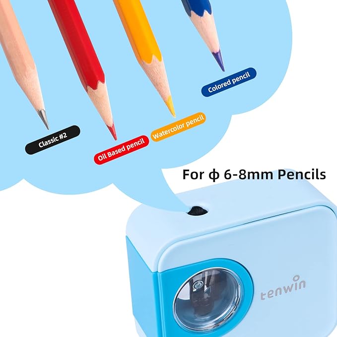 tenwin Portable Electric Pencil Sharpener, Pencil Sharpeners Battery Operated, Tungsten Steel Blade to Fast Sharpen, Kids Pocket Sharpener, Fit to 6-8mm No.2/Colored Pencils, School/Office/Home (Blue)