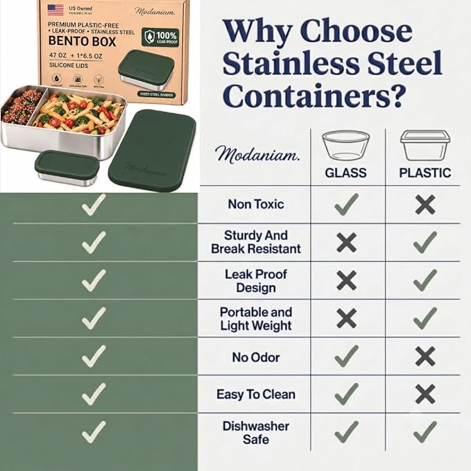 Modaniam Flexibento - 47 OZ Leak proof Stainless Steel Lunch Box Containers with Silicone Lids, Steel Bento Box, Metal lunch Box, ForestGreen-47OZ-Set Of 2