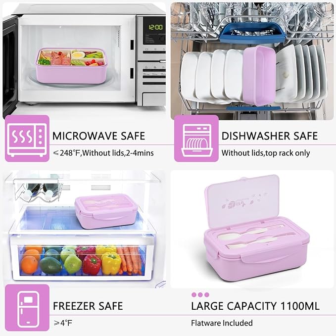 LOVINA Bento Box for Adults - 1100 ML Lunch Box Container For Kids Teens | Built-in Spoon & Fork - Durable for On-the-Go Meal, BPA-Free and Food-Safe Materials(Light Purple)