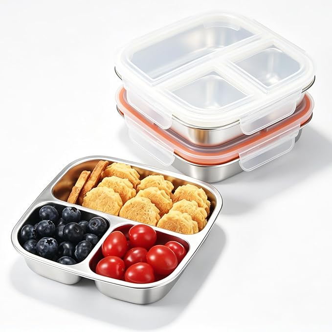 2 Pack Stainless Steel Snack Containers for Kids, 3 Compartments Reusable on the go Bento Box with Lids, Toddler Lunch Box Containers Pre Meal Storage for Daycare School Outdoor - White Orange