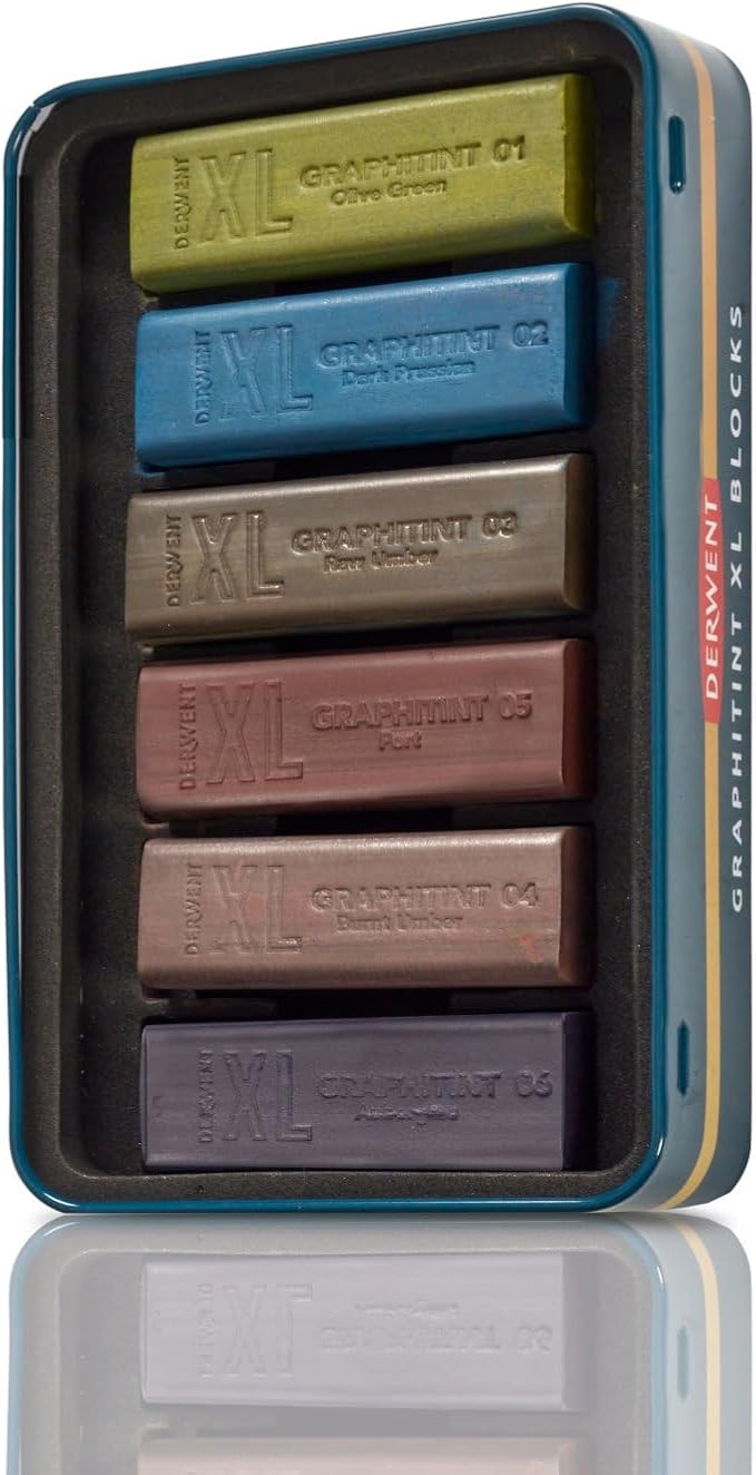 Derwent Graphitint XL Blocks 6 Tin, Set of 6, 60mm Extra-Large Block, Water-soluble, Ideal for Sketching, Drawing and Expressive Mark Making, Professional Quality (2306175)