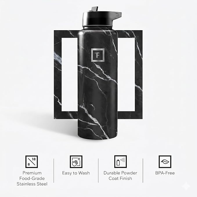 IRON °FLASK 40 oz Wide Mouth Water Bottle with Straw | Insulated Stainless Steel Sports Water Bottle with Leakproof Straw Lid - BPA Free, Cold 24 Hrs, Sweat Free (Black Marquina)