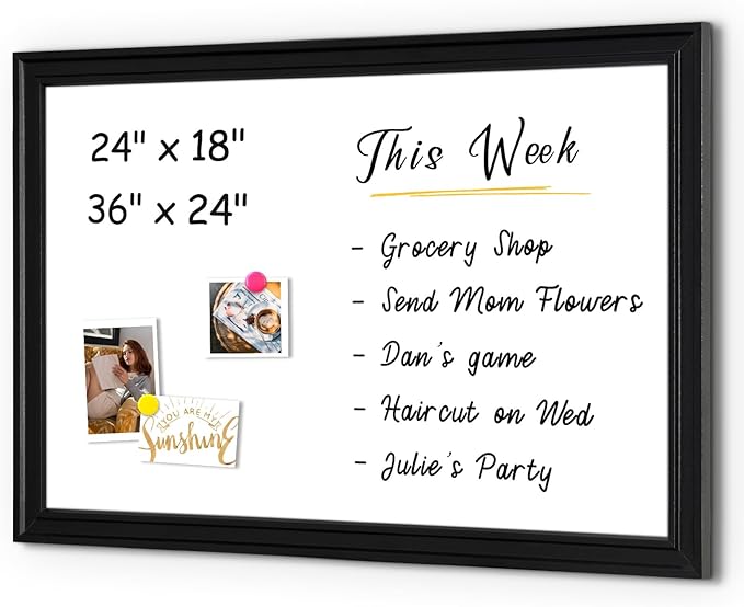 4 THOUGHT Magnetic Whiteboard 36" x 24" Dry Erase Board Wood Frame Wall-Mounted Decorative White Board Monthly Planner Notice Board for Home Office School with 8 Magnets 4 Markers 1 Eraser, Black
