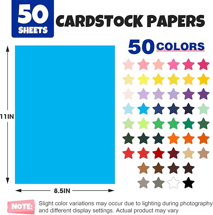 50 Sheets 8.5" X 11" Colored Cardstock, 50 Assorted Colors Construction Paper Card Stock Printer Paper for Printing, Card Making, DIY Crafts,School Supplies,Party Decorations (180GSM/65LB)