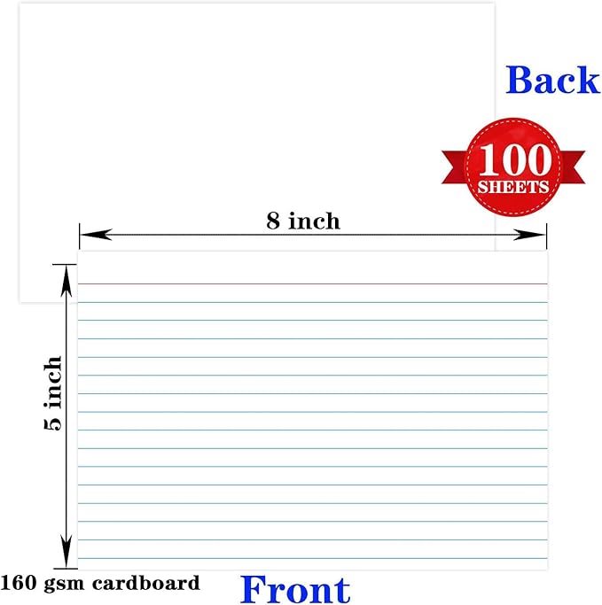 Pinovk 5x8 Index Cards, Ruled Front Blank Back, 100 White Heavyweight Cards, 160gsm Lined Note Cards for Study, Recipe, Cue Card and Office Use