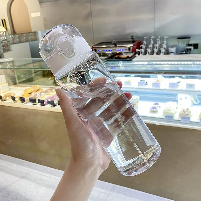 Clear Plastic Water Bottle | No Markings 24oz Chug Lid Sports Water Bottle | Leak Proof Re-Usable Flip Top Plastic Drinks Bottles for School, Exams, Office, Gym, Cycling (Clear-24oz)