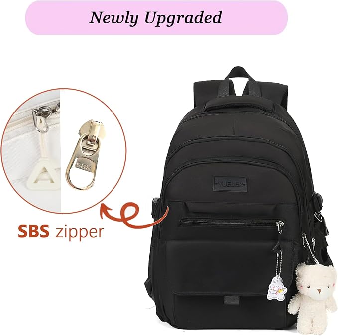 PRLINJSK Girls Backpack for College High Middle School Student, Cute Aesthetic Bookbag for Teens Women with Accessories,Black