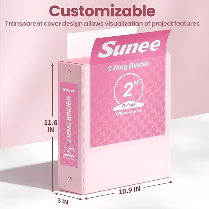 SUNEE 3 Ring Binder 2 Inch 2 Pack, Clear View Binder Three Ring PVC-Free (Fit 8.5x11 Inches) for School or Office Supplies, Pink & Blue