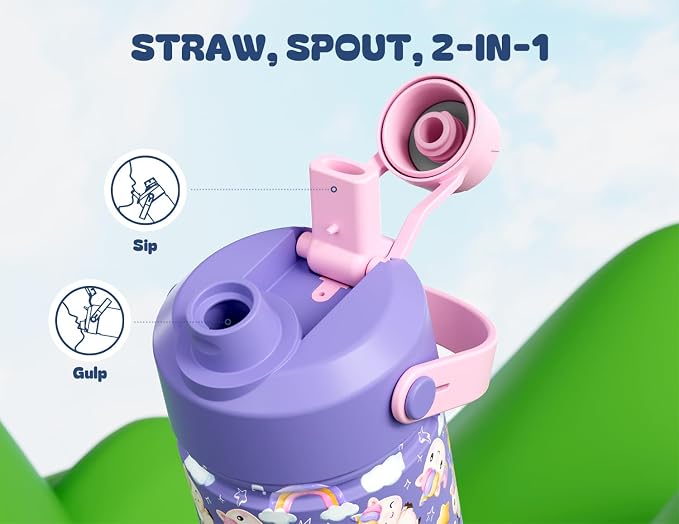 12 oz Insulated Water Bottle for Kids: 2-in-1 Straw Spout Lid, Spill-proof, BPA-Free, Easy Clean, Keep Cold 24H, Cute Patterns, Stainless Steel Cup for School, Travel, Playtime, Gift (Unicorn Jam)