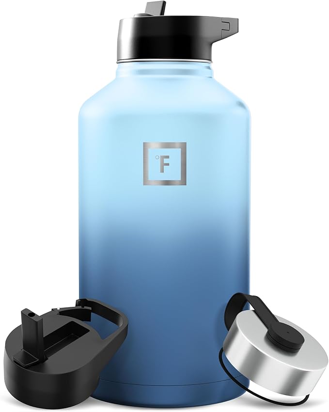IRON °FLASK 64 oz Wide Mouth Water Bottle with 3 Lids | Insulated Half Gallon Water Bottle with 3 Leakproof Lids - BPA Free, Cold 24 Hrs, Sweat Free (Blue Waves)