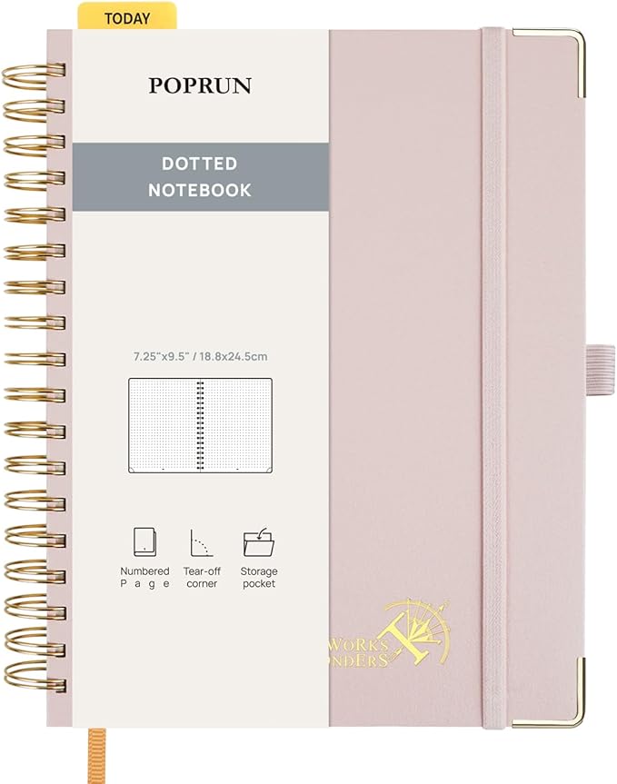 POPRUN Dotted Journal Spiral Notebook, B5-7-1/4 x 9-1/2", 220 Pages, 120 GSM Dot Grid Notebooks, Hardcover Spiral Journals for Writing Journaling Drawing Women Men Work School, Light Pink