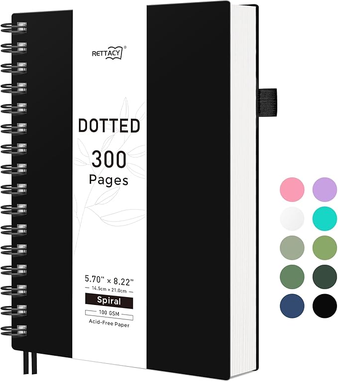 RETTACY Dotted Journal Notebook, 300 Pages, A5 Medium Size (5.7'' × 8.2''), 100 GSM Thick Paper, Flexible Plastic Cover, Spiral-bound, for Journaling, Planning, Tracking (Black)
