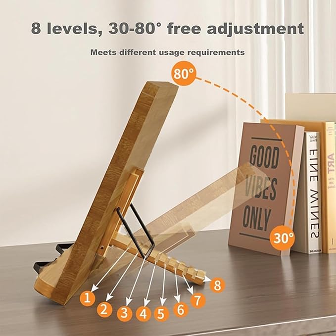 Wood Book Stand for Reading Hands Free, 8 Adjustable Recipe Cookbook Holder with Page Holder Clips Ergonomic Stand for Cookbooks, Receipe Books, Textbooks, Tablets, Music Books, Documents.