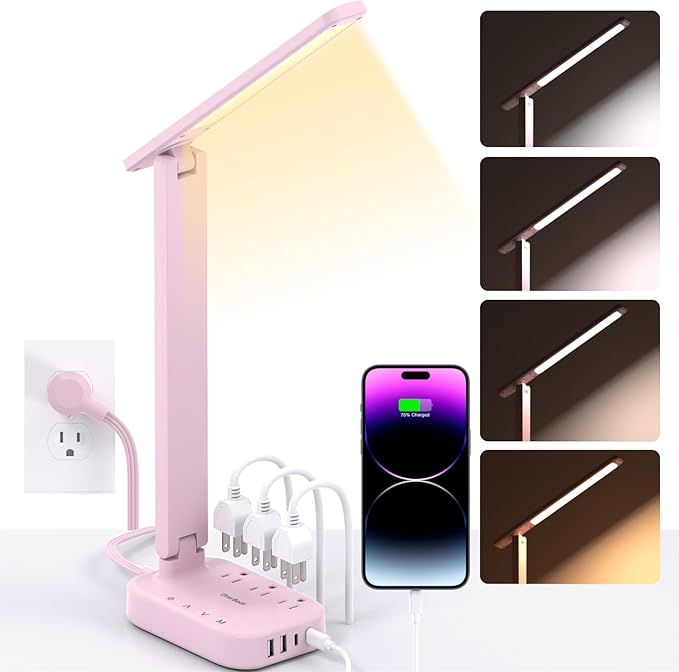 One Beat Small LED Desk Lamp Power Strip 5ft Extension Cord with 3 Outlets 4 USB Ports(2 USB C), 4 Modes, 5 Level Touch Lamp Study Reading Light, Home Office Bedroom College Dorm Room Essentials, Pink