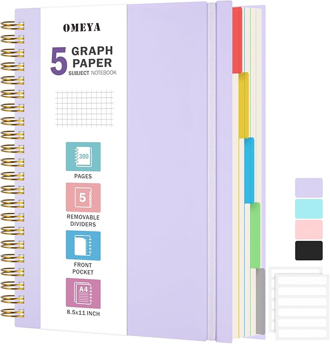 Graph Paper Notebook: 5 Subject Graphing Notebook with Removable Dividers, 300 Pages 100gsm Thick Spiral Grid Notebooks, 5x5 Graph Ruled Paper, Large A4 Journal for School Work Women Men, 8.5" X 11"