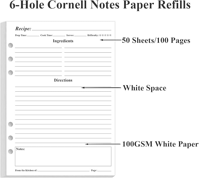 A4 Cornell Notes Filler Paper - 3 Hole Cornell Notes Loose Leaf Paper, 50Sheets / 100Pages, 100gsm, White, 8.5'' x 11''