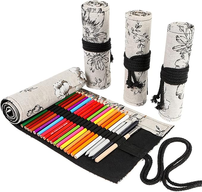 DIYOMR 24/36/72 Slots Pencil Wrap Pencil Rolls, Artist Colored Pencils Roll Up Bag Short Brushes Pouch Case Pencils Organizer for Drawing Coloring and Sketching (Peony Flower, 36slots)