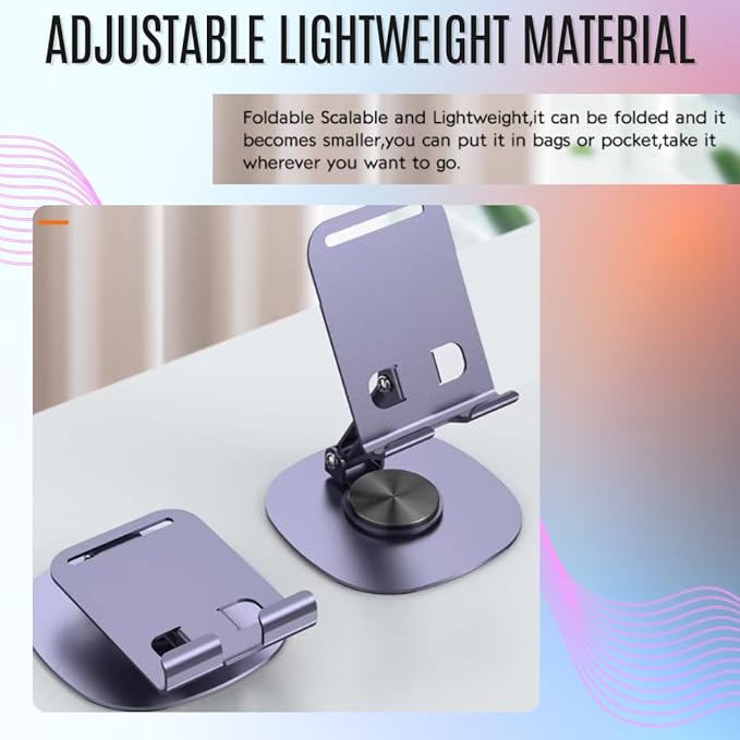 Adjustable 360° Rotating Cell Phone Stand – Foldable Desktop Holder Dock, Case Friendly, Works with All Phones (Purple)