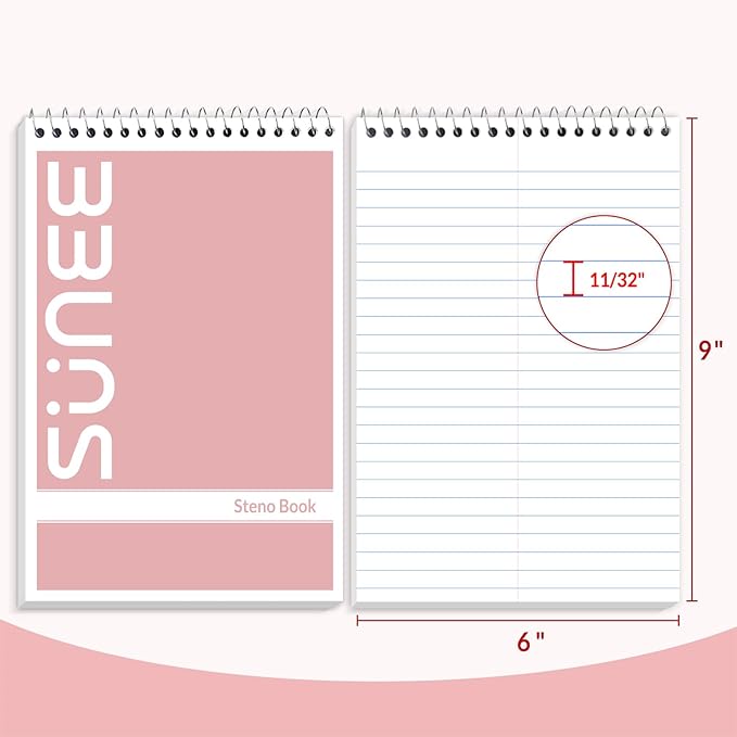 SUNEE 2 Pack Steno Pads 6x9, Gregg Rule, 60 Sheets, Spiral Notebook 6x9, White Paper, Take Notes with Top Spiral Notebook, for School, University, College, Work, Office, Pink