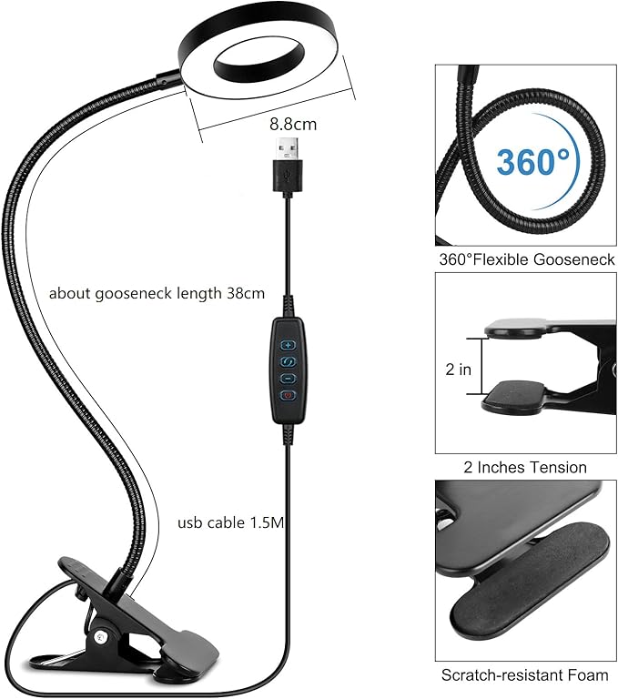 Woputne Desk Clip on Lamp for Reading Home Office, with 5V 2A Adapter, 10 Dimmable Brightness 3 Modes, Clamp Reading Light for Bed Headboard, Craft (Black)…