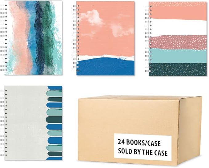 Case of 24, Small Spiral Bound Notebooks, Sustainability Designed, 9.75”x 7.5", 70 sheets (140 pages) 100% Recycled College Ruled Pages,4 Cover Designs,White,12601cs