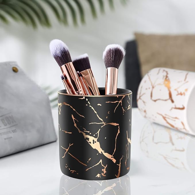 Pencil Cup, Pen Holder for Desk, Pen Pencil Stand Holder for Desk, WAVEYU Office Desk Organizer for Girls Women Kids Ceramic Glitter Marble Makeup Brush Holder, Black (Upgrade Style)