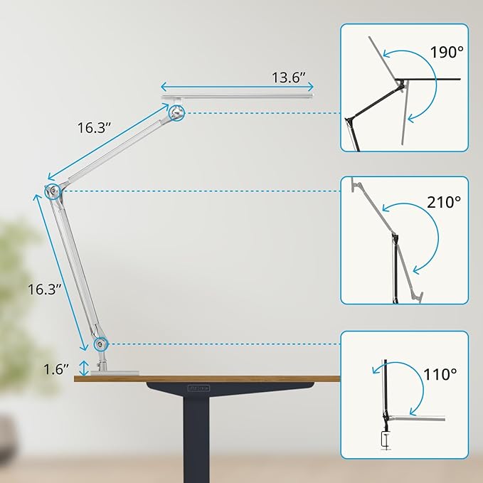 UPLIFT DESK E7 LED Desk Lamp – Adjustable 3 Color Modes, Dimmable Home Office Desk Light for Standing Desk, Dual Monitors, Aluminum Task Lamp (Silver Lamp, Silver Base)