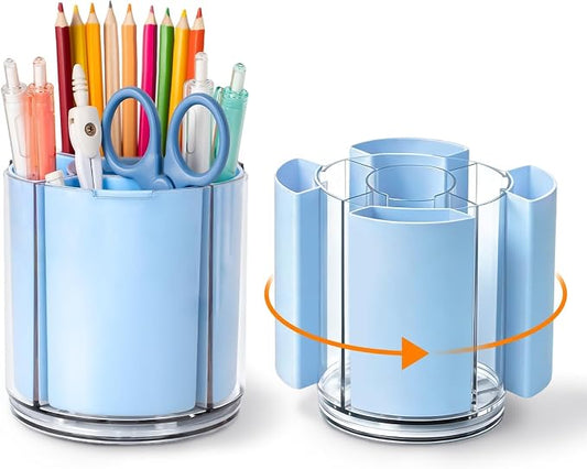 360° Rotating Pen Holder for Desk Adjustable Pencil Organizer, Blue | Plastic Pen Cup for Women Cute Office Supplies and Accessories Desktop Storage Box Art Caddy for School, Work, Home