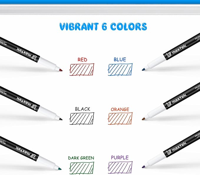 maxtek Dry Erase Markers Ultra Fine Tip, 0.7mm, Low Oror, Extra Fine Point Dry Erase Markers for Planning Whiteboard, Calendar Boards, 6 Count