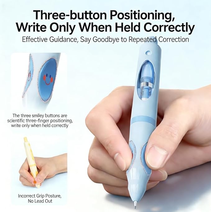 Write Right Learning,Pencil Kids Handwriting Gripper,Posture-Correcting Pen with Automatic Refill, Posture Correction Training Writing, 12 Replacement Refillers. (Blue)