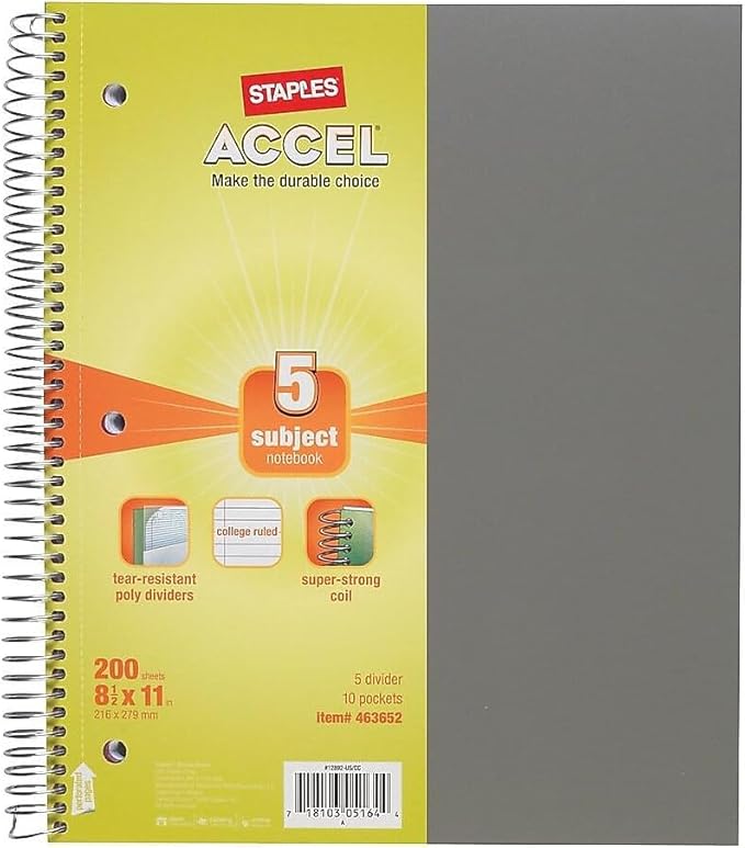 STAPLES 5‑Subject Notebook, 8.5” x 11”, College Ruled, 200 Sheets, Assorted Colors