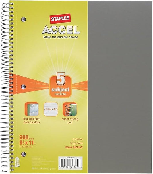 STAPLES 5‑Subject Notebook, 8.5” x 11”, College Ruled, 200 Sheets, Assorted Colors