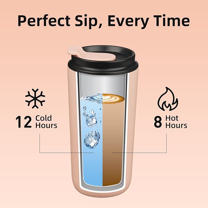 BJPKPK 16oz Insulated Tumbler with Lid,Travel Coffee Mug Stainless Steel,Leakproof Reusable Thermal Cup for Cold and Hot Drinks,Peach