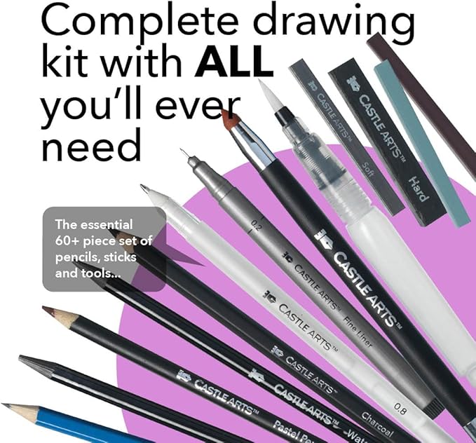 Castle Art Supplies 60 Piece Drawing & Sketching Set | Quality Graphite, Charcoal, Pastel, Water Soluble Pencils + Sticks, Fineliners | for Professional and Adult Artists | in Carry-Anywhere Zip Case