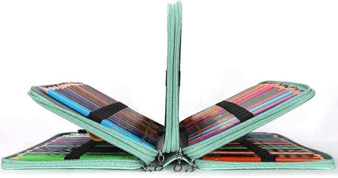 Vomgomfom 300 Slots Marker Bag, 4-Layer Zipper Portable Art Supply Organizer, PU Leather Large Capacity Marker Case Holds 100 Markers or 300 Colored Pencils with Handle (Green Rose)