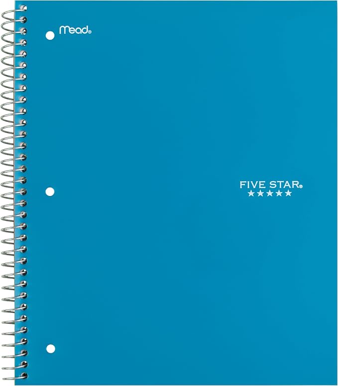 Five Star Spiral Notebook + Study App, 4 Count, 1 Subject, Wide Ruled Paper, 8" x 10-1/2", 100 Sheets, Fights Ink Bleed, Water Resistant Cover, Purple, Pink, Gray and Blue (930105-ECM) (Pack of 3)