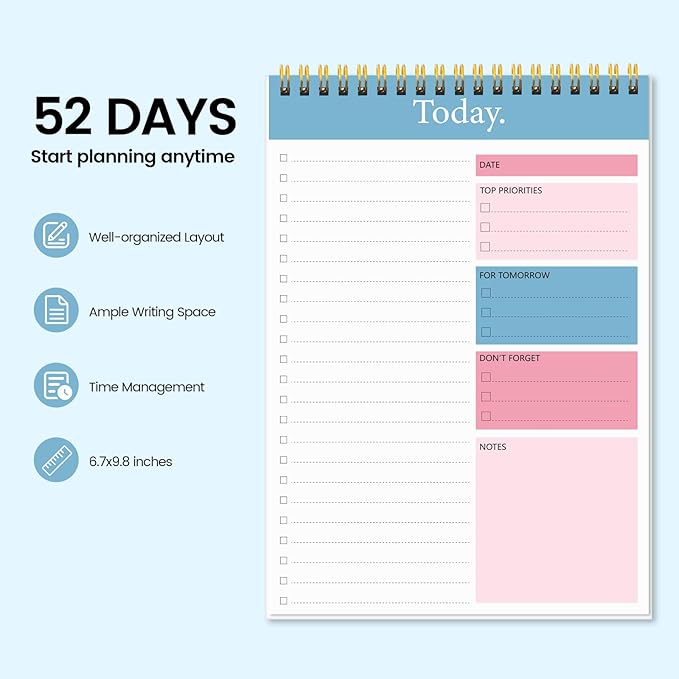 KMQOY To Do List Notepad - Daily Planner Pad Undated 52 Sheets Spiral Today Planner Note Pad Premium Thick Paper 6.5" x 9.8" For Work and Personal Organized - Pink & Blue