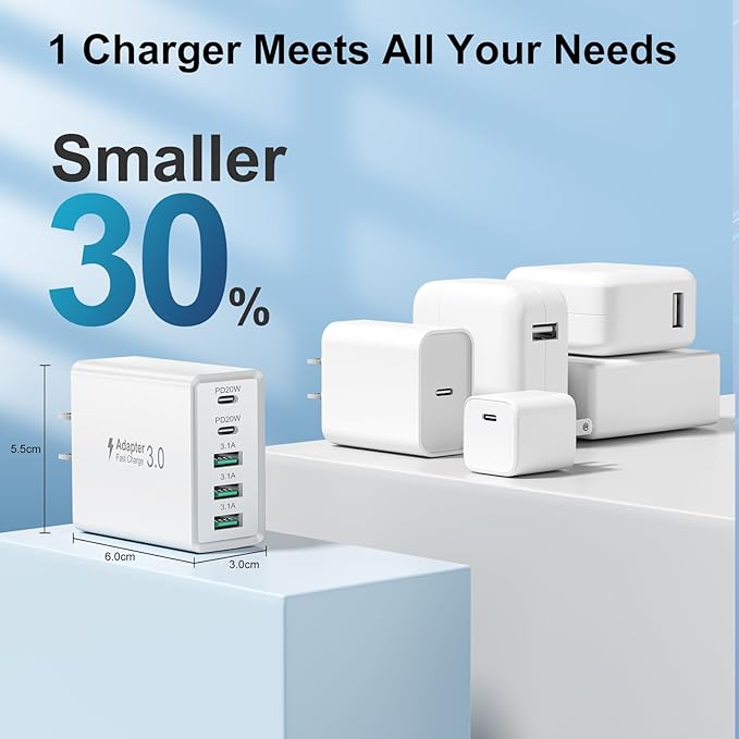 USB C Charger Block 50W 5Port Type C Fast Charging Blocks Multiport USB Wall Charger Plug Adapter Outlet Cube Box Brick Phone Accessories for iPhone 16 15 Pro Max XS, iPad, Tablet (White)
